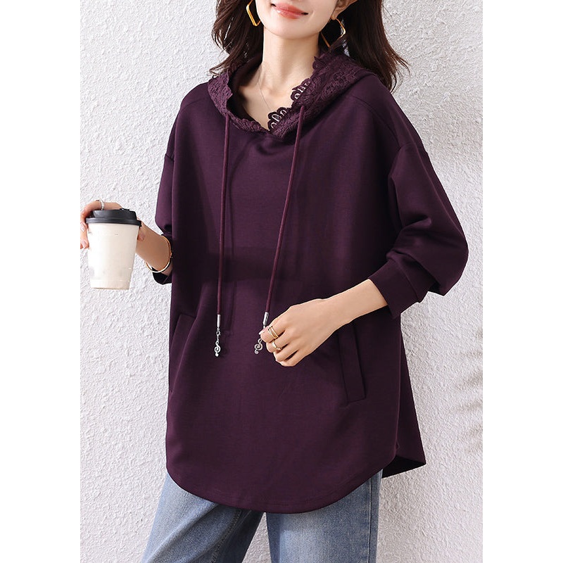 Cotton Pockets Hooded Fall Purple Sweatshirts Solid