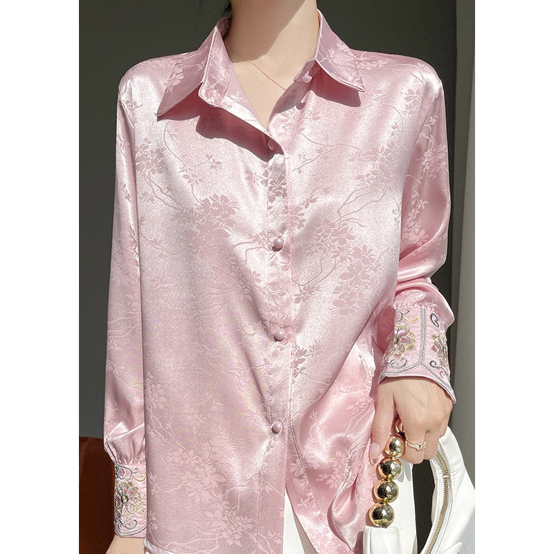 Embroidered Pan Silk Fine Pink Peter Collar Blouse