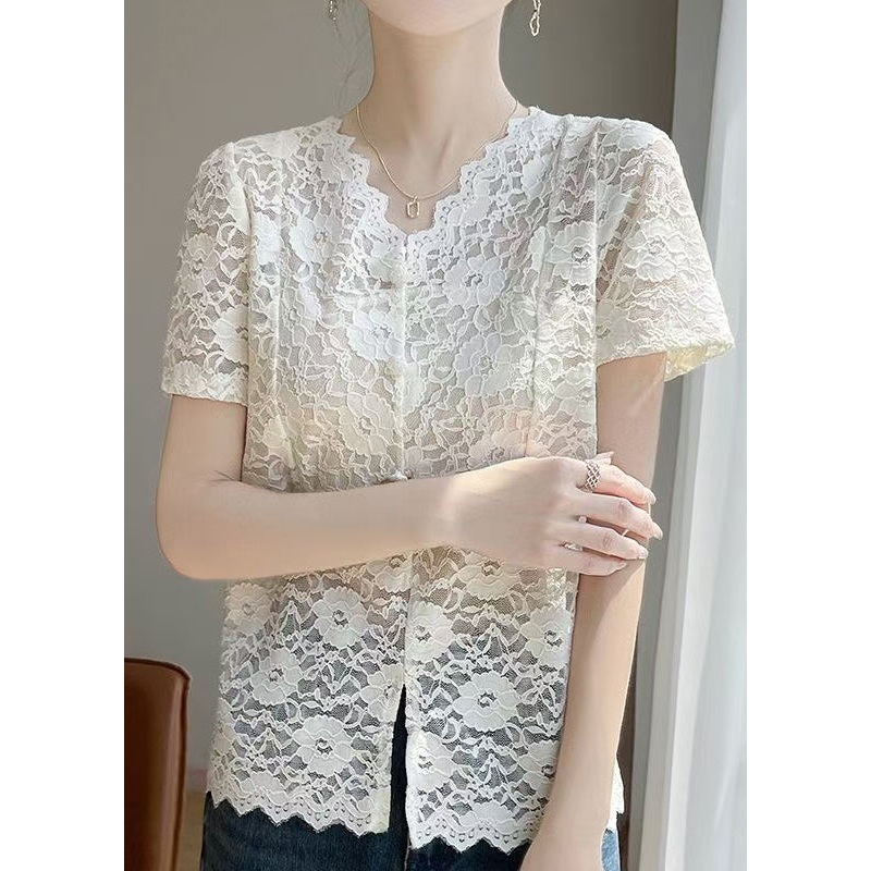 Lace Side Art Summer Shirts V Neck Beige Open
