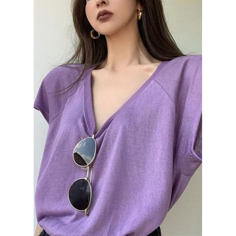 Loose Summer Cotton Shirts U T Neck Solid Purple
