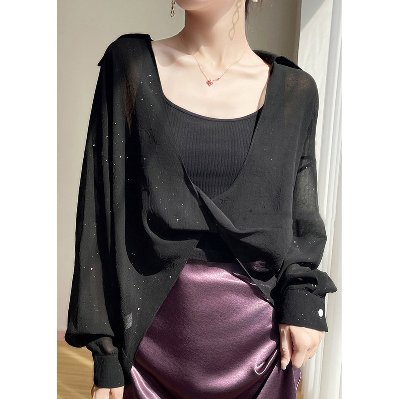 Size Blouses Chiffon Fall Plus Pan Peter Black Solid Collar