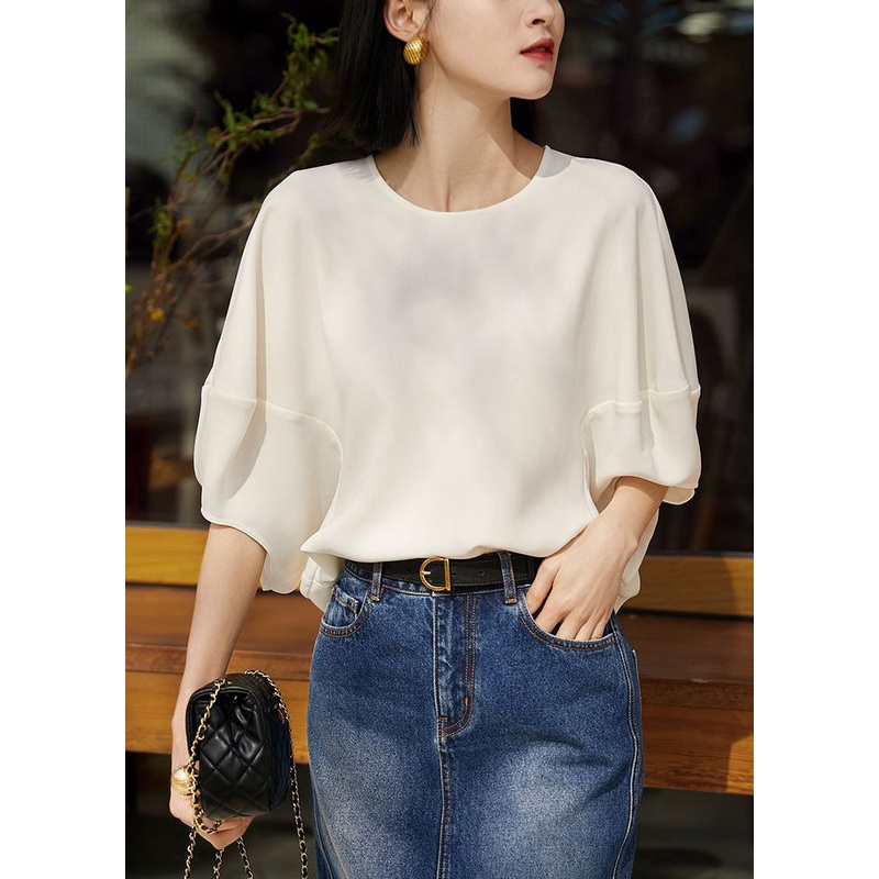 T Batwing Zippered White O Shirts Solid Silk Neck Loose Sleeve