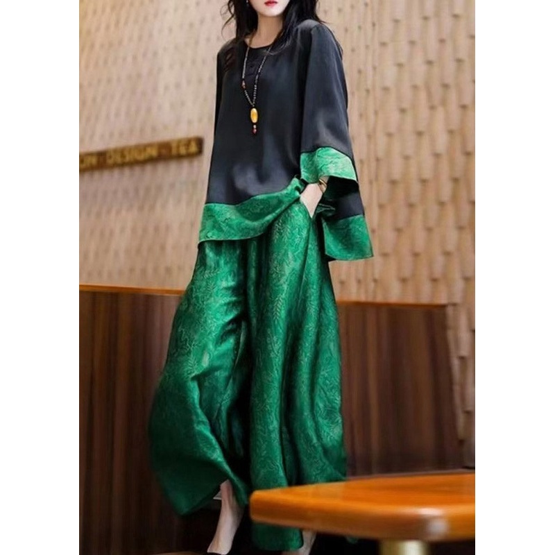 Tops Pieces Green Silk Black Two O Neck And Loose Patchwork Pants
