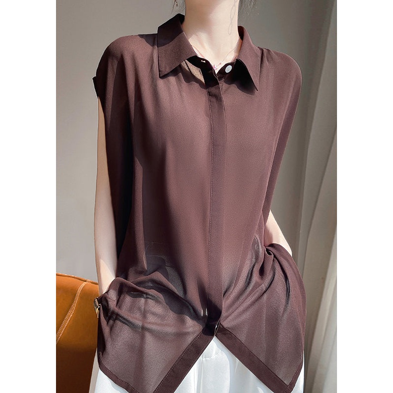 Up Coffee Chiffon Solid Lace Collar Peter Pan Blouses
