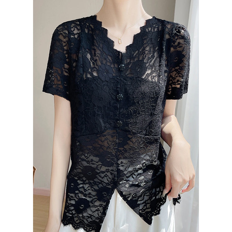 V Lace Hollow Neck Out Black Solid Summer Shirt