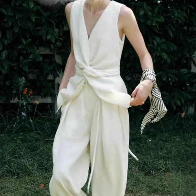 V-Neck Leg Wide High Top Plain Tank Knot Rise Pants / Slit