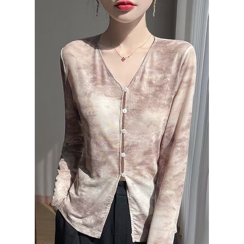 V T Fall Print Shirts Tulle Button Neck Khaki
