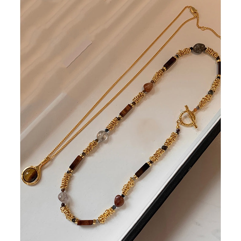 Vintage Set Beads Tiger’s-Eye Overgild Two-Piece Copper Gold