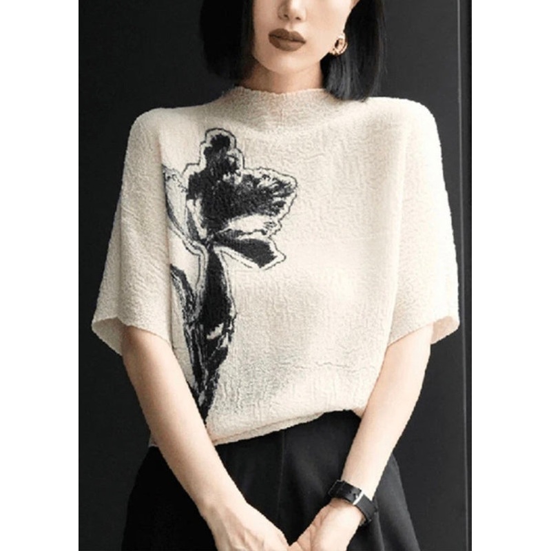 Women Batwing Shirts Beige Wrinkled Cotton T Sleeve Print