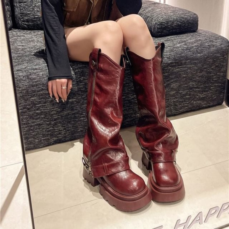 Zip Boots High Buckled Panel Knee Platform