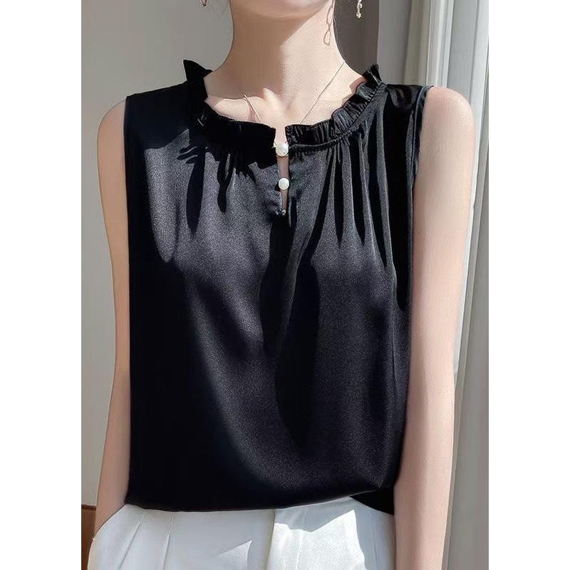 Blouse Black Solid Sleeveless Silk Button Ruffled