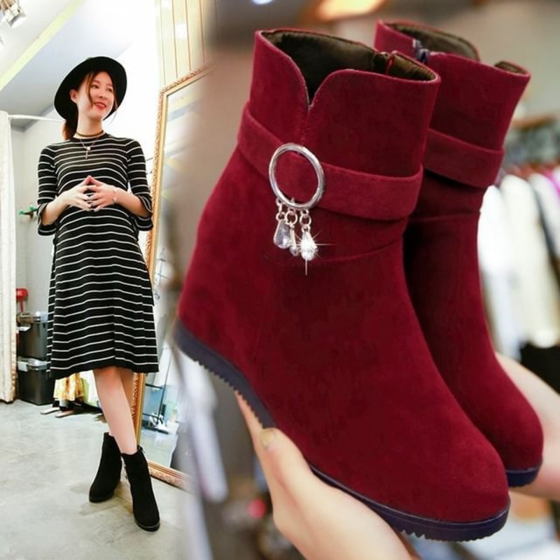 Boots Hidden-Wedge Short Snow|Black|Wine Red|35|36|37|38|39|40