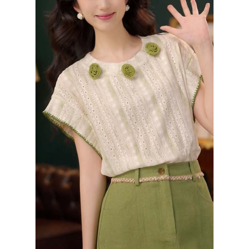 Cotton Neck Summer O Out Shirts Hollow T Green Striped