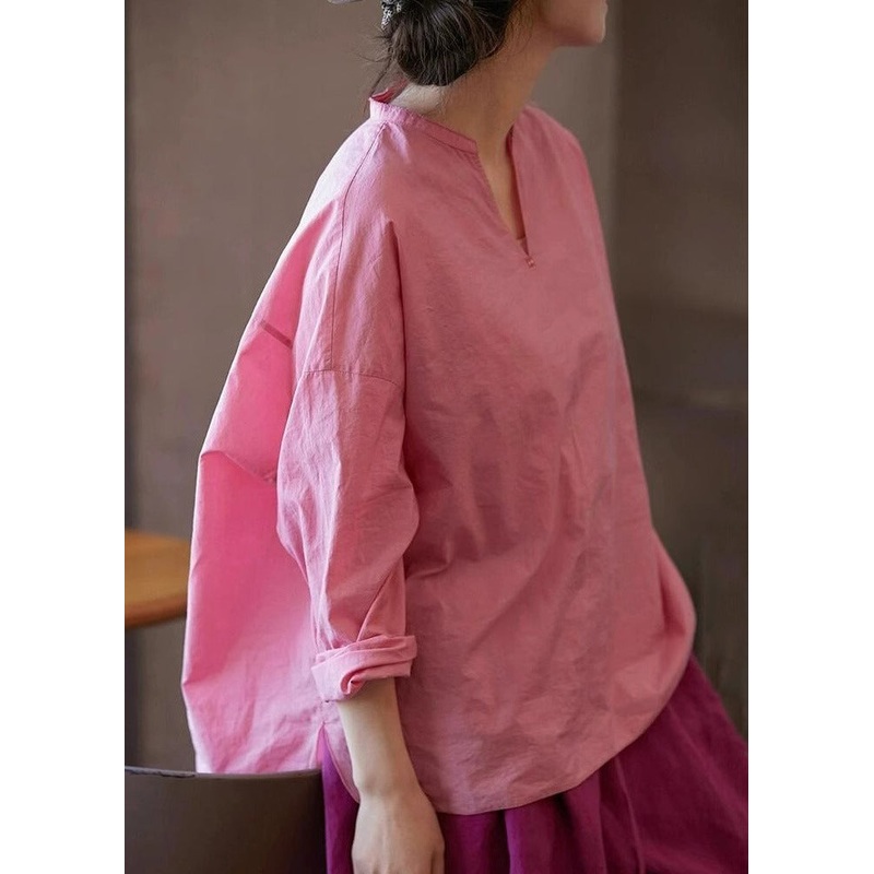 Cotton Solid Blouses Neck Open Plus V Size Side Pink Fall