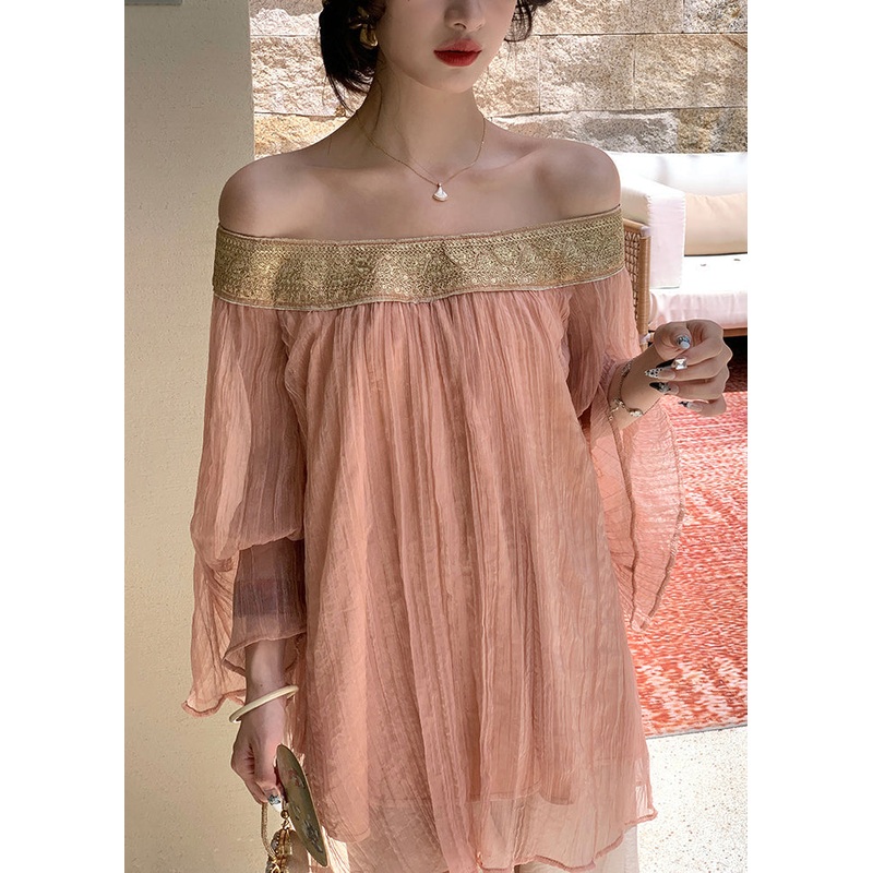 Fall Neck Wrinkled Chiffon Pink Slash Patchwork Shirts