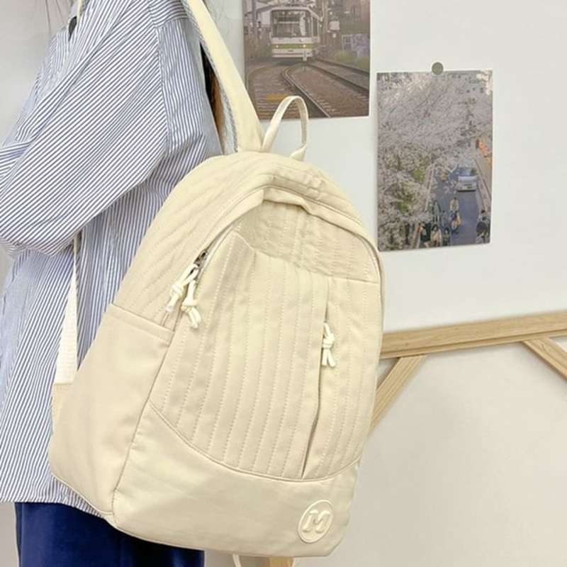 Laptop Quilted Backpack Plain|Beige|Black|Mint Green|Off-White|Pink|One Size