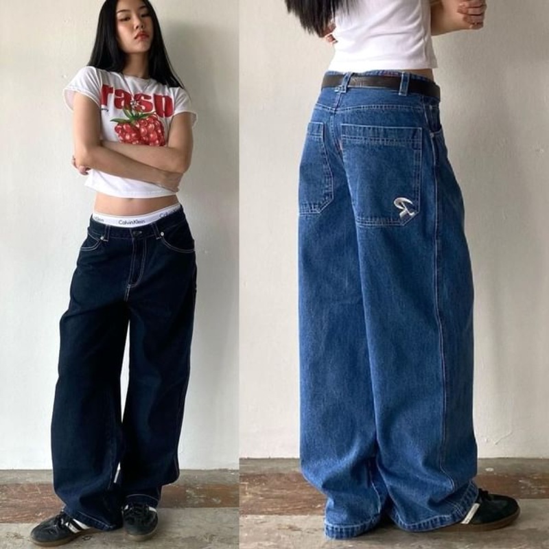 Low Wide-Leg Jeans Washed Rise Loose-Fit