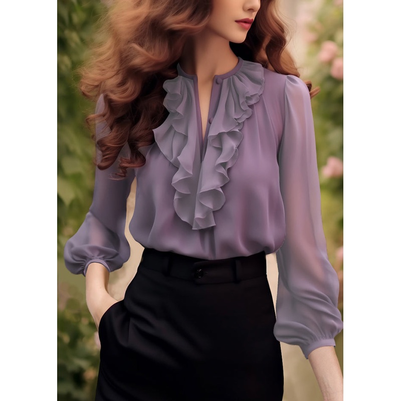 Purple Chiffon Bracelet Solid Ruffled Fashion Sleeve Shirt