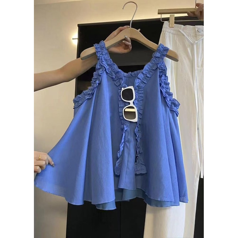 Ruffled Solid Sleeveless Art Cotton Blue Blouse Top