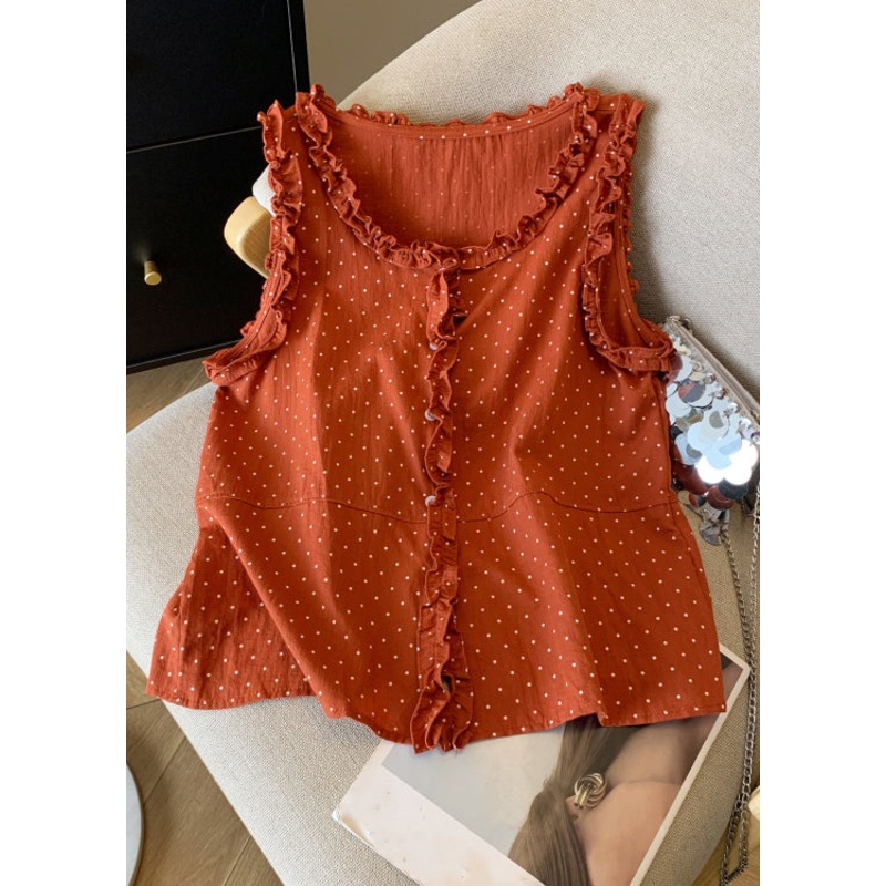 Shirts Cotton Orange Ruffled Sleeveless Art Dot Button