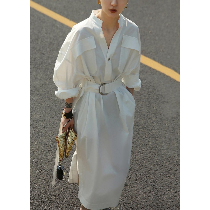 Side Blouses Loose Fall Tie Open White Waist Dress Pockets Cotton
