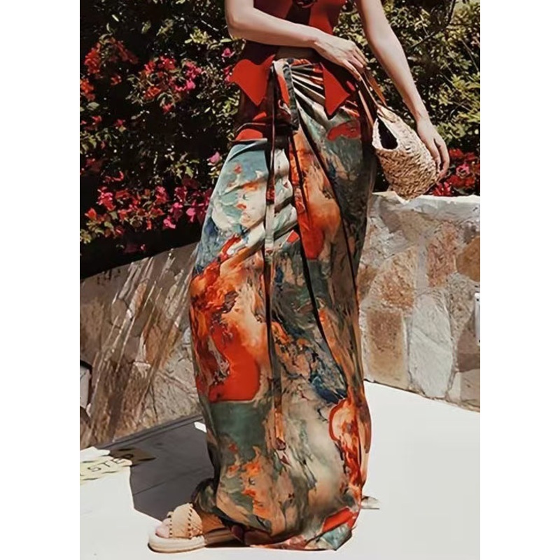 Summer Waist Print Silk Loose Lace High Up Skirts