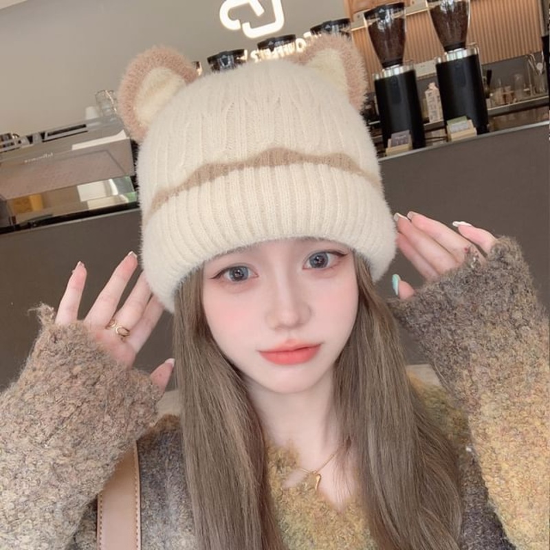 Bear Beanie Ear|Black|Gray|Khaki|Off-White|Pink|One Size
