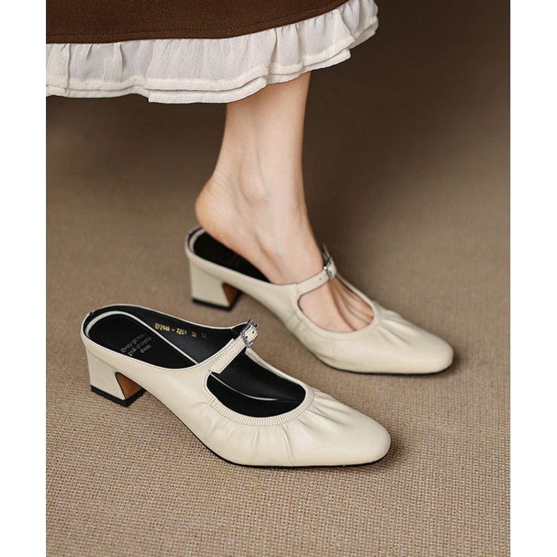 Beige Splicing Wrinkled Heel Sheepskin Chunky French