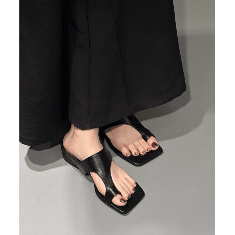 Black Splicing Thong Chunky Faux Sandals Chic Leather