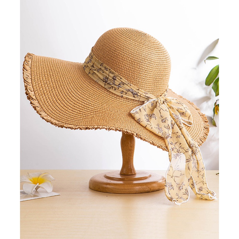 Boho Khaki Sun Bow Floppy Hat Big Woven Side Straw