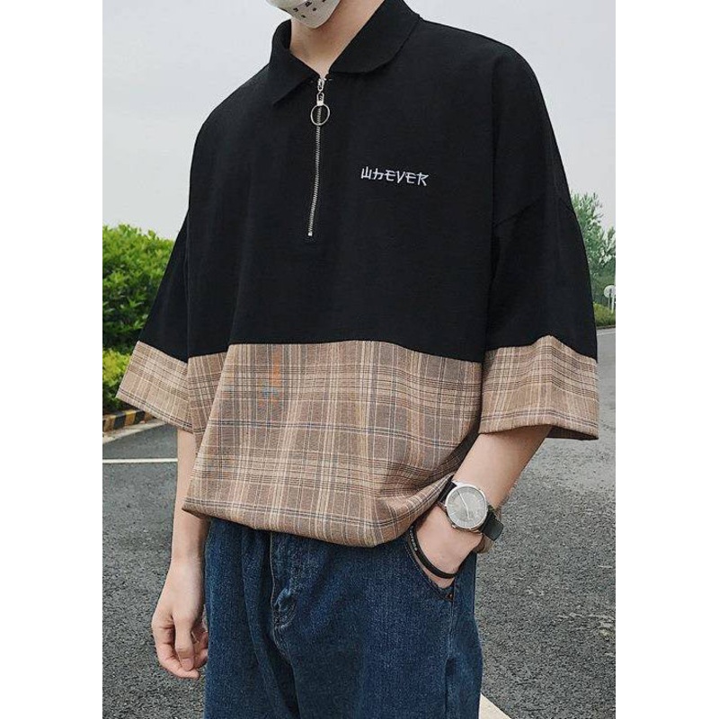 Casual Apparel Up Shirts Patchwork Men Zip Black Polo Cotton