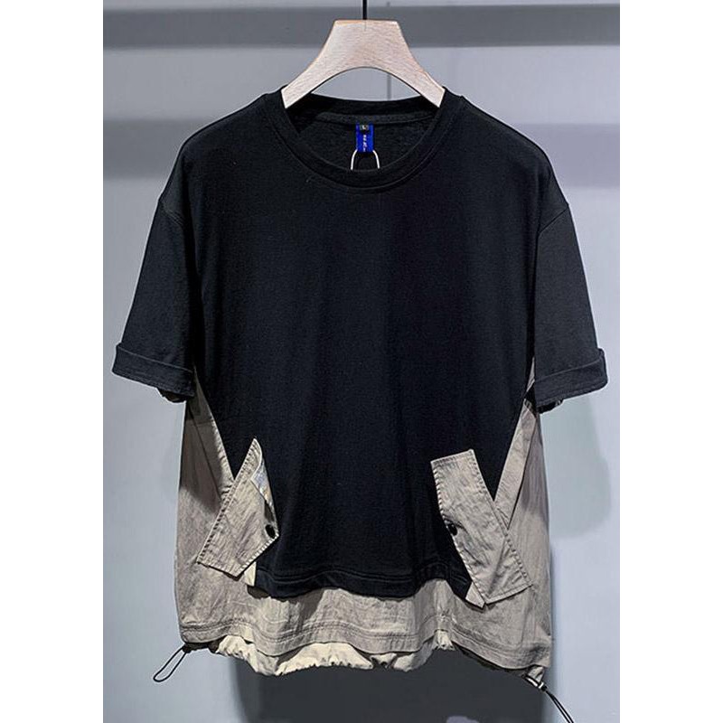 Casual Patchwork T Black Cotton Oversized Men Drawstring Shirt