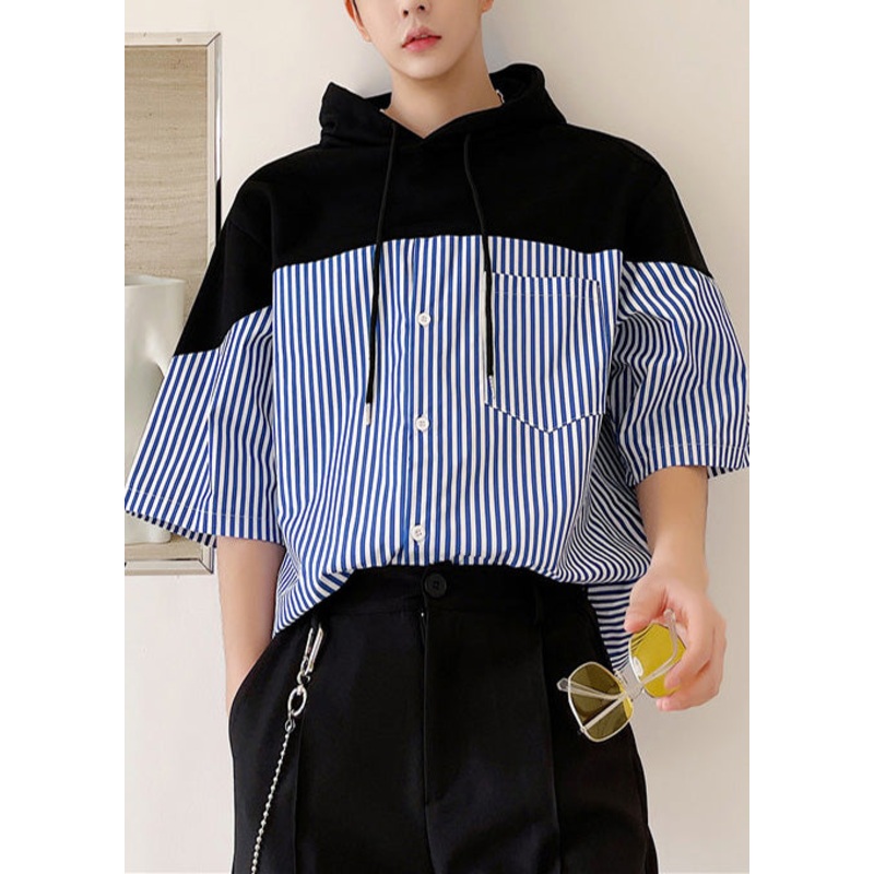 Cotton Blue Hooded Cool Summer Men Striped Patchwork Sweatshirt