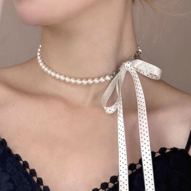 Dotted Necklace Ribbon Beaded