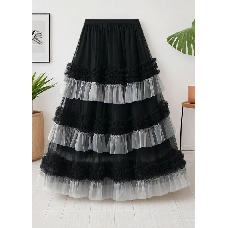 Elastic Loose Waist Summer Black Tulle Skirts Ruffled