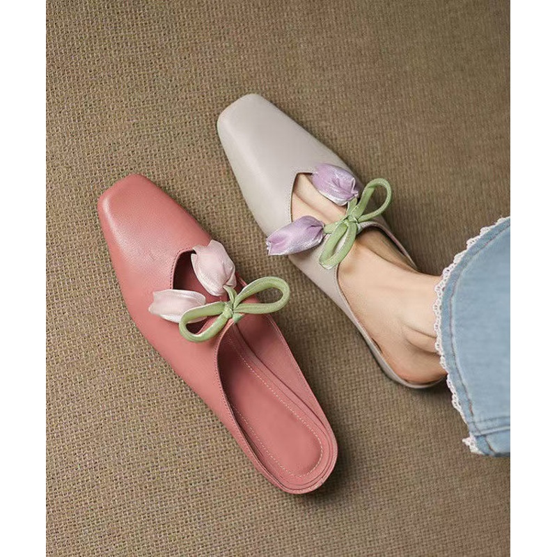 French Floral Pink Cowhide Leather Slide Sandals Splicing