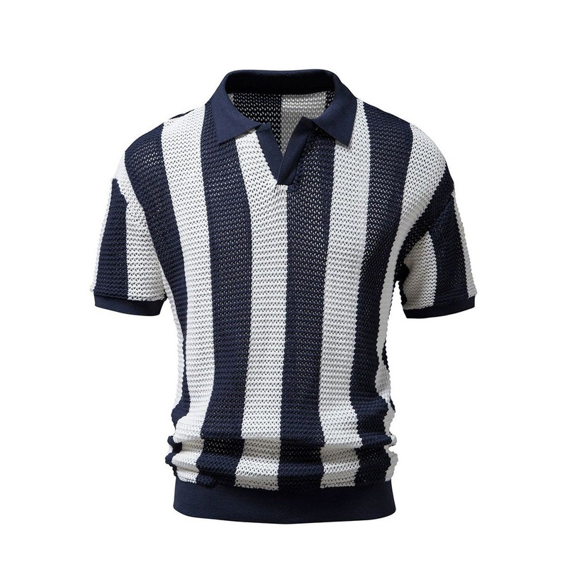 Knit Polo Loose Navy Striped Out And Shirt Men Hollow