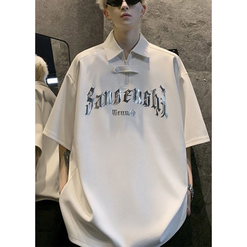Men Letter And Plus Polo Shirt White Sequins Cotton Size