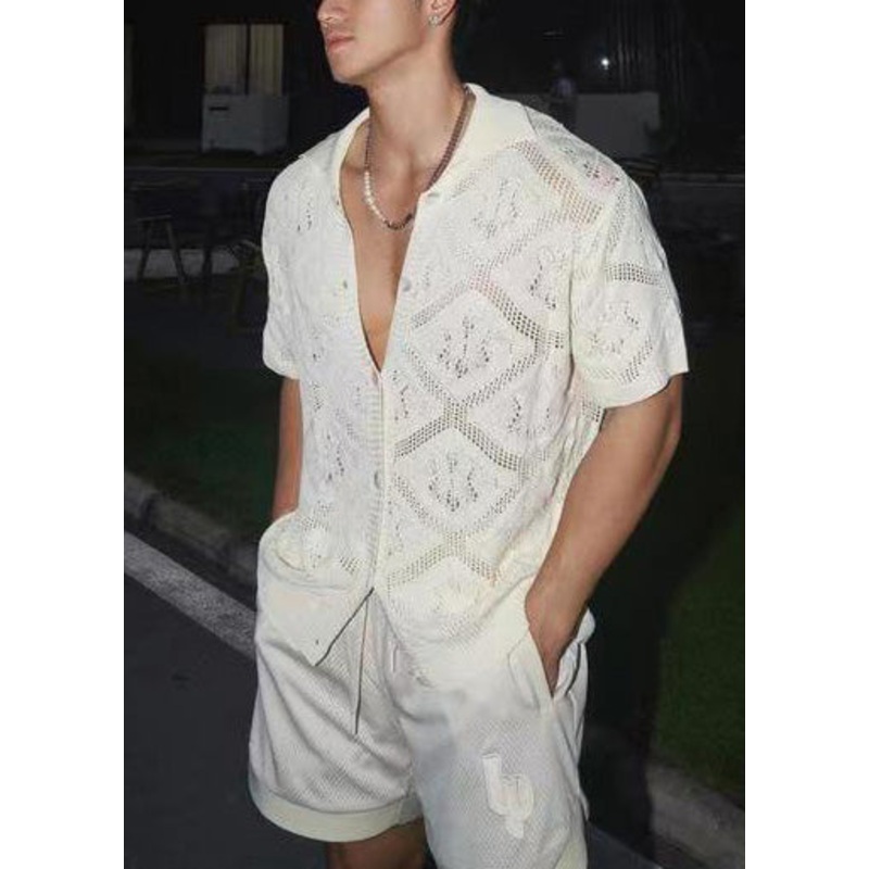 Men V Knit Neck Casual Hollow White Boutique Polo Shirt Out