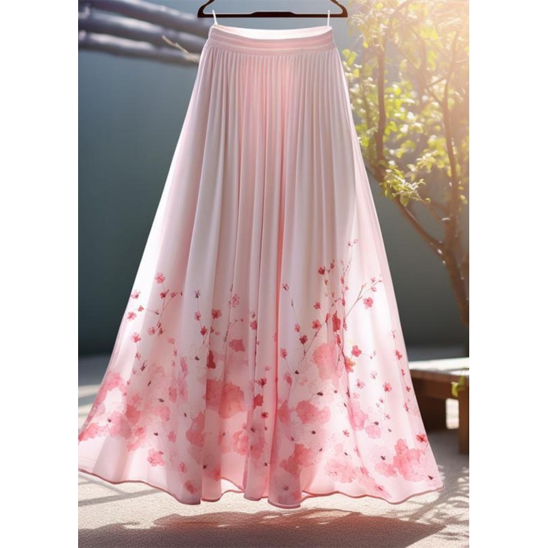 Skirt Elastic Waist Elegant Chiffon Print Pink Summer