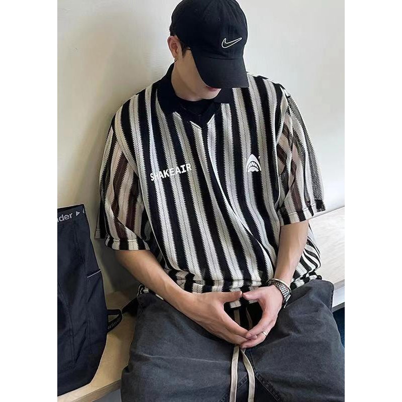 Style Size Cotton Shirts Grunt Plus Men’s Oversized Black Striped