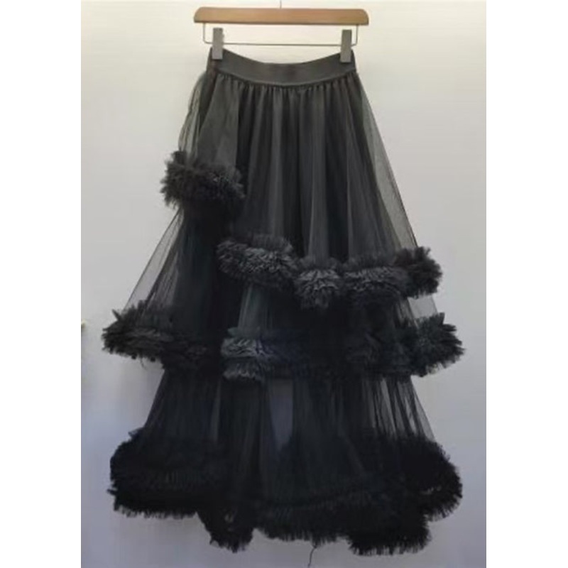 Summer Elastic Waist New Tulle Black Skirt Ruffled
