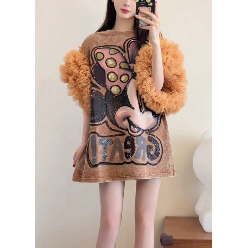 Summer Shirts Patchwork Loose Khaki Dresses Tulle Ruffled T