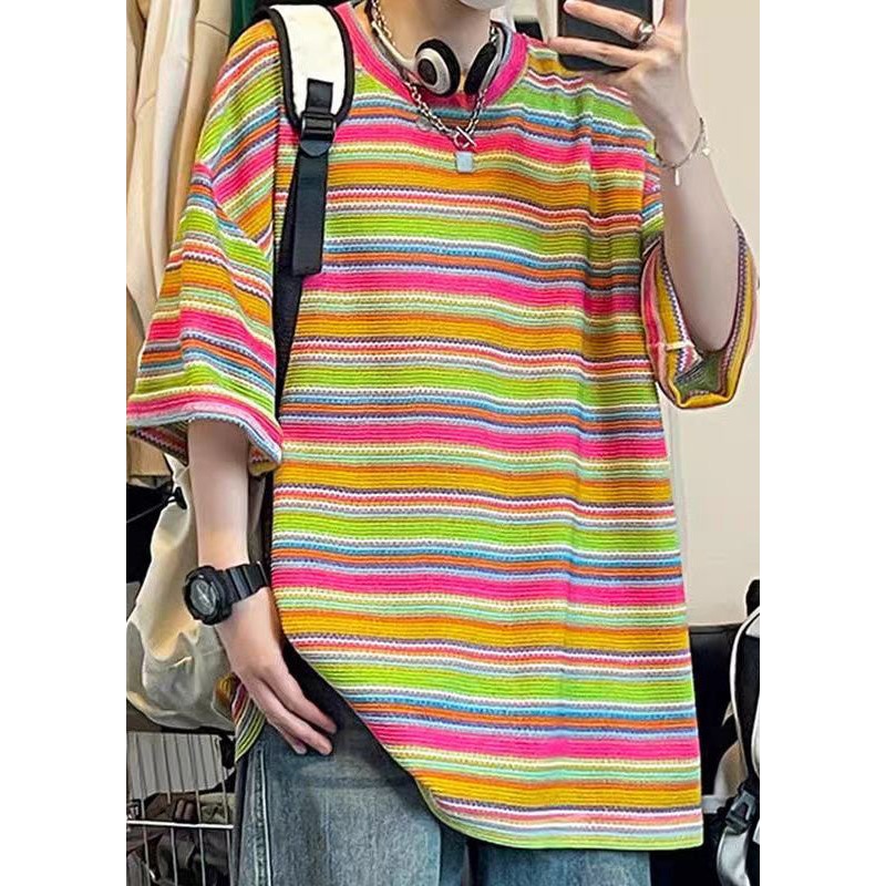 Summer Striped Knit Shirt Men T Size Out Khaki Hollow Plus