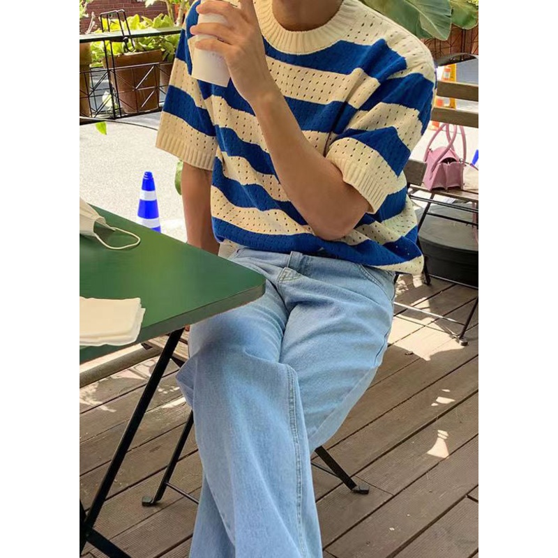Summer Striped T Blue Mens Shirts Out Knit Hollow Graphic
