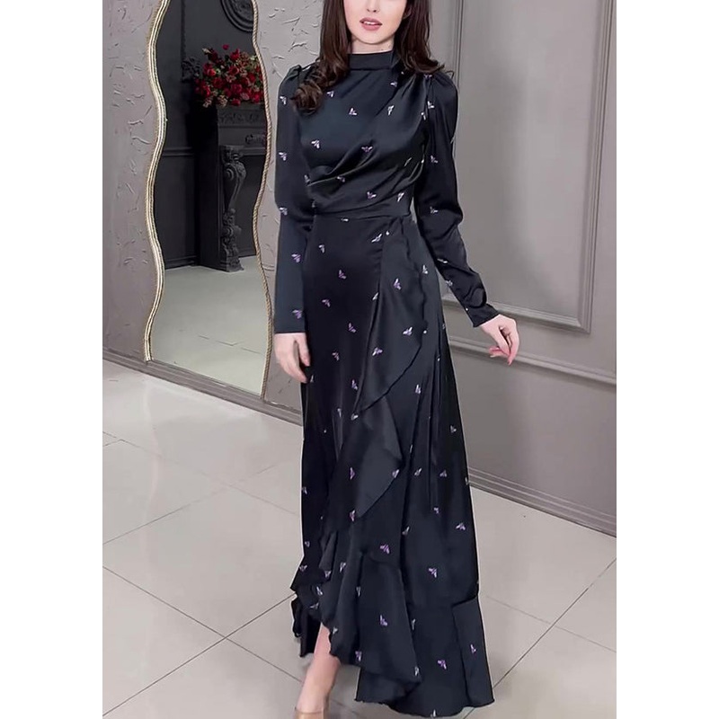 2024 New Black Ruffled Print Silk Long Dress Fall WO042
