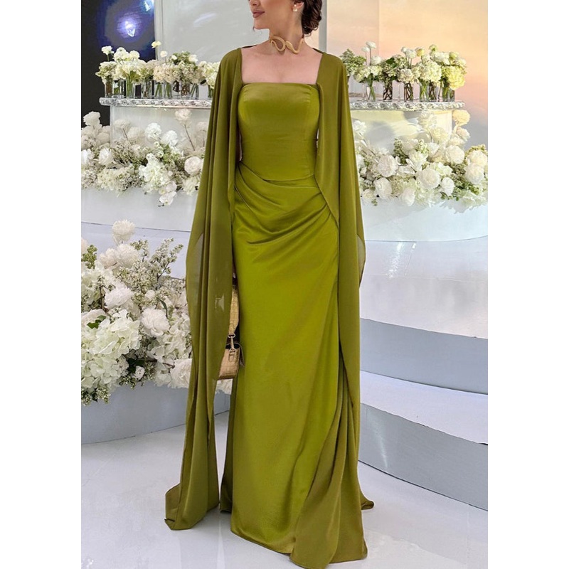 Boutique Green Square Collar Patchwork Silk Party Dresses Fall WO043