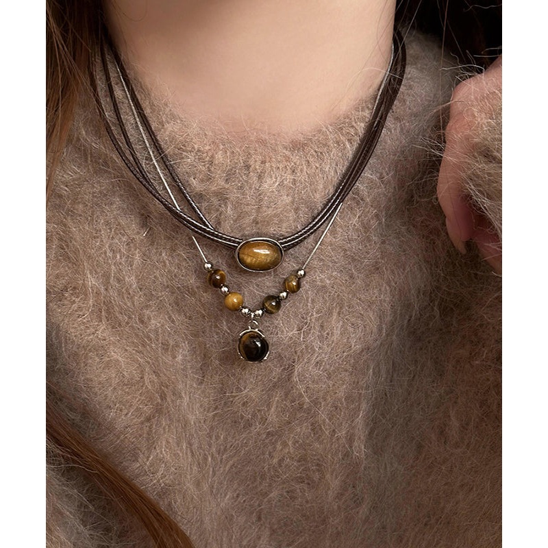 Handmade Brown Alloy Tiger Eye Stone Tassel Two Piece Set Pendant Necklace WI005