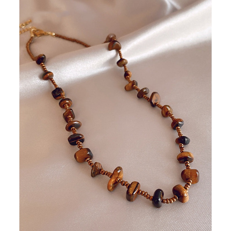 Retro Chocolate Alloy Tiger Eye Stone Beading Gratuated Bead Necklace WI040
