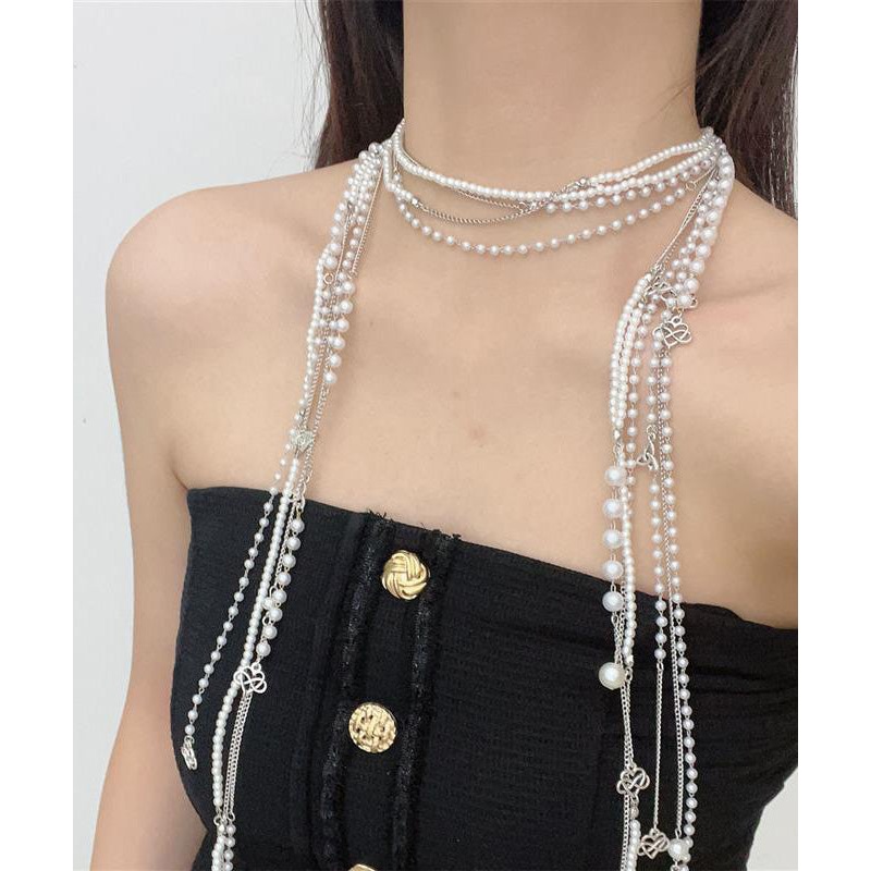 Simple White Metal Pearl Tassel Multilayer Gratuated Bead Necklace WO006